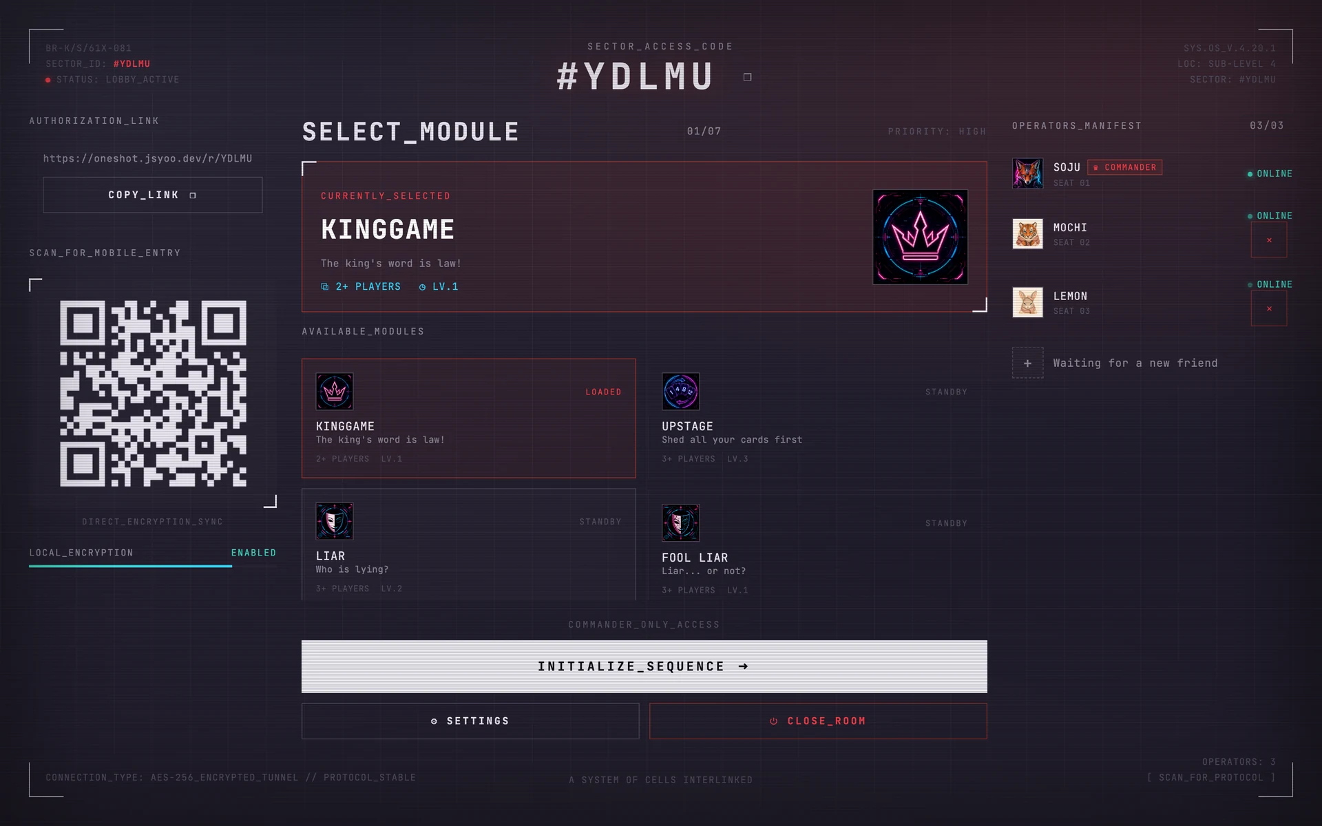 OneShot lobby in the cyber theme: sector access code, invite link, QR entry, module grid, and a three-player operators manifest